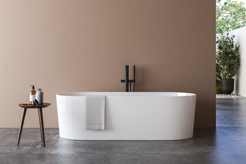 Naklejka na ściany i meble Modern oval white bathtub is standing in front beige wall and stool with empty bathroom. Minimalist concept. 3d rendering 