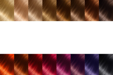 Hair dye shades. Hair color palette with a wide range of swatches showing color swatches arranged...
