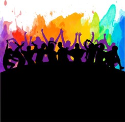 Obraz na płótnie Canvas Detailed illustration silhouettes of expressive dance colorful group of people dancing. Jazz funk, hip-hop, house dance. Dancer man jumping on white background. Happy celebration. Party.