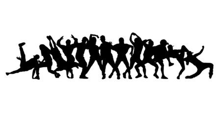 Detailed vector illustration silhouettes of expressive dance colorful group of people dancing. Jazz funk, hip-hop, house dance. Dancer man jumping on white background. Happy celebration.  Party.
