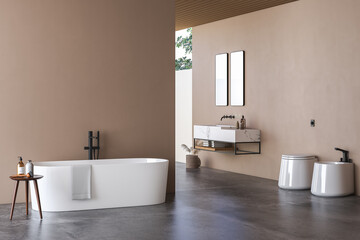Fototapeta na wymiar Modern bathroom interior with beige walls, marble basin with double mirror, bathtub and grey concrete floor. Minimalist beige bathroom with modern furniture. 3D rendering 
