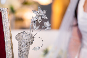 Afghani wedding decorative silver flowers close up