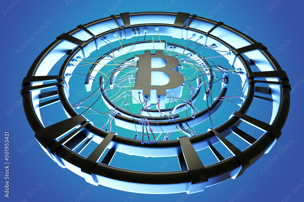 Poster bitcoin technology. blue background with bitcoin symbol. blockchain technology concept. virtual mone