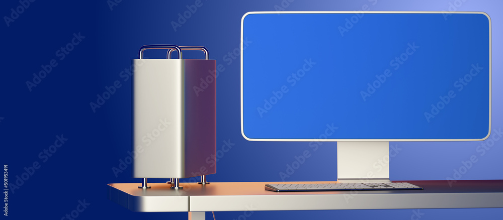 Poster computer blank screen. desktop computer design. system block template with blue display. computer mo