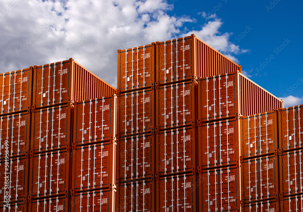 Poster warehouse of cargo containers. red cargo containers on background of sky. lots of shipping container