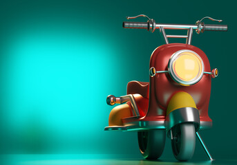Red vintage scooter. Retro motorcycle with round lamp. Red scooter without driver. Cartoon style minibike on green background. Vintage minibike front view. Visualization scooter. 3d rendering.