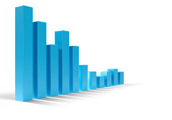 Crisis chart. Three-dimensional chart indicators of crisis. Height of columns gradually decreases. Copy Space next to falling infographic. Crisis chart on white. Financial concept. 3d rendering.