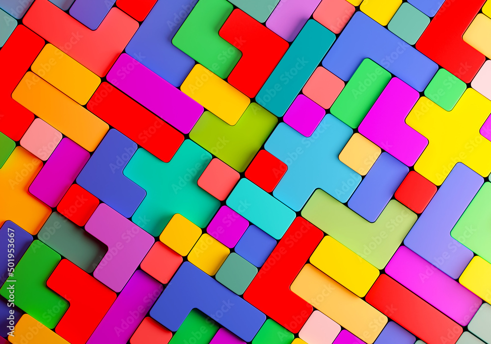 Poster background with tetris elements. multi-colored tetris bricks close-up. geometric objects of differen