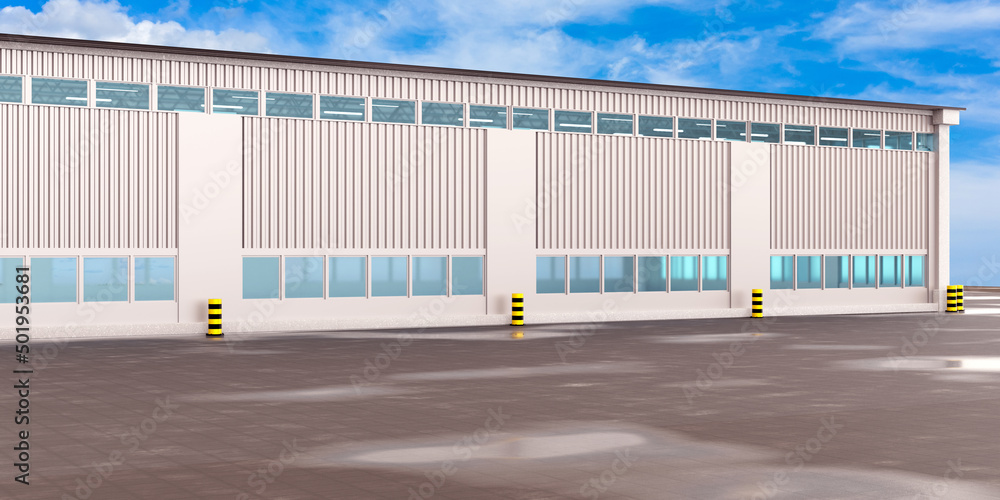 Poster factory building on summer day. visualization of building for factory. buildings for industrial ente
