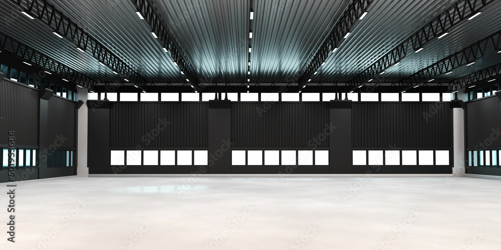 Poster empty hangar background visualization. empty hangar with white concrete floor. hangar without anyone