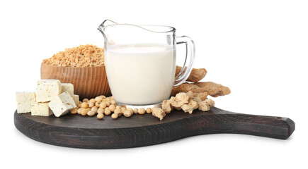 Different natural soy products on white background