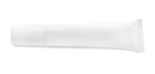 Blank tube of cosmetic product on white background, top view