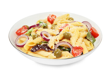 Bowl of delicious pasta with tomatoes, olives and onion on white background