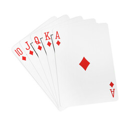 Playing cards with royal flush combination on white background, top view