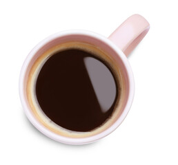 Fresh aromatic coffee in pink mug isolated on white, top view
