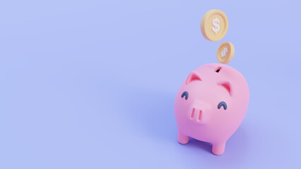 Cute piggy bank for collecting gold coins. Savings ideas for future investments. 3D Illustration.