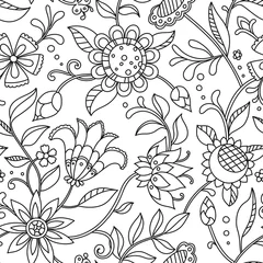 Foto op Plexiglas anti-reflex Seamless botanical pattern. Vector linear illustration. Black and white picture. © тетяна кравченко