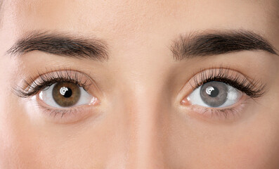 Obraz premium Woman with different colors of eyes, closeup. Heterochromia iridis