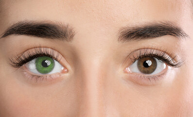 Fototapeta premium Woman with different colors of eyes, closeup. Heterochromia iridis