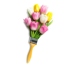 Creative design with paint brush and beautiful tulips on white background, top view. Spring is...