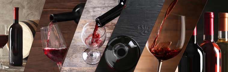 Beautiful collage with different photos of wine. Banner design