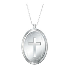 Christian Cross Silver Engraved Lavaliere Necklace with Silver Chain, isolated on white