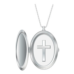 Christian Cross Silver Engraved Locket with Silver Chain Necklace, isolated on white