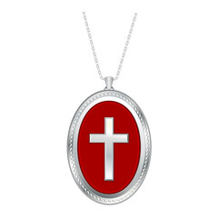 Christian Cross Silver Engraved Lavaliere Necklace, red background, with Silver Chain, isolated on white