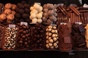 Luxurious chocolate pralines at a market