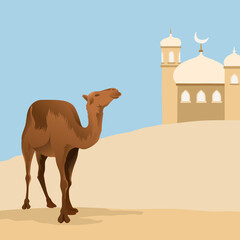 Camel standing on the desert with a mosque building in the background