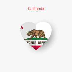 California US state heart shaped flag. Origami paper cut folded banner. 3D vector illustration isolated on white with soft shadow.