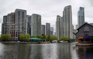 London's Business District , towers,sky scrapers , glass offices and surrounded by water
