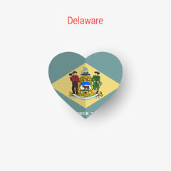 Delaware US state heart shaped flag. Origami paper cut folded banner. 3D vector illustration isolated on white with soft shadow.