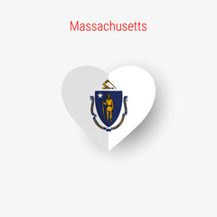 Massachusetts US state heart shaped flag. Origami paper cut folded banner. 3D vector illustration isolated on white with soft shadow.