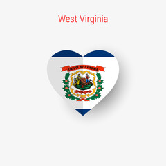 Obraz premium West Virginia US state heart shaped flag. Origami paper cut folded banner. 3D vector illustration isolated on white with soft shadow.