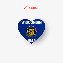Wisconsin US state heart shaped flag. Origami paper cut folded banner. 3D vector illustration isolated on white with soft shadow.