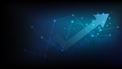 Financial chart with moving up arrow graph and world map in stock market on blue color background