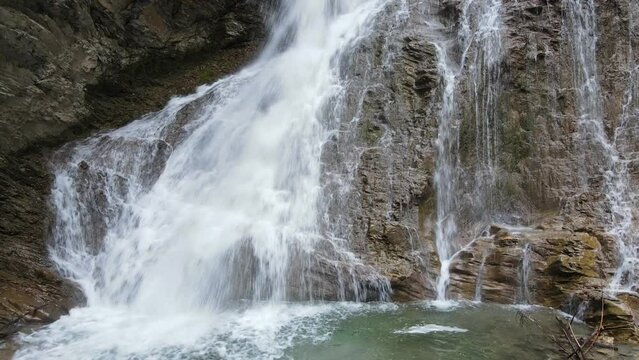 Bottom of the tranquil and scenic Margaret Falls located in the popular Herald Provincial Park of British Columbia, Canada. Static wide angle shot 