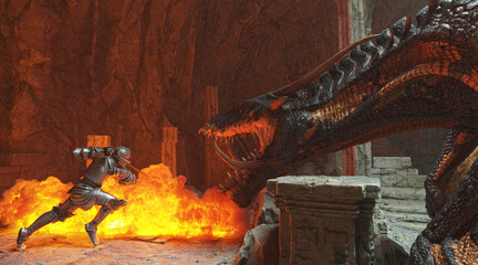 Fantasy battle scene with dragon attacking medieval knight 3d illustration