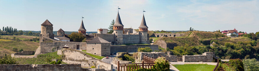 Fototapeta na wymiar Large panorama of Old Medieval Fortress Kamenets-Podolsky Ukraine Landmark