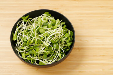vegetables green fresh young sunflower sprouts on bowl for cooked food healthy are valuable for nutrition. copy space, design on wooden table. seedling organic concept.
