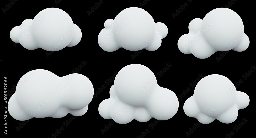 Wall mural cloud set on isolated black background. nature and object concept. 3d illustration rendering