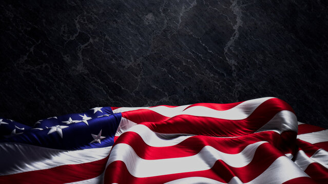 USA Flag Banner for Memorial Day on Black Rock. Premium Holiday Background with Copy-Space.