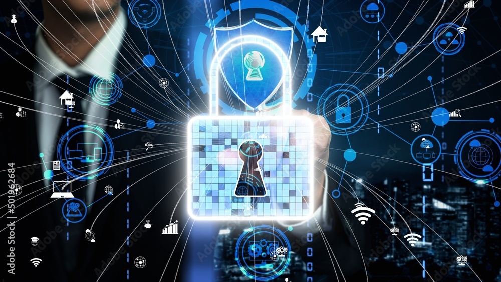 Poster cyber security encryption technology to protect data privacy conceptual . 3d render computer graphic