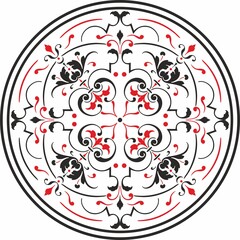 Vector round classic European ornament, red with black. Floral pattern in a circle. Antiquity of ancient greece and the roman empire.