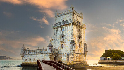 sunset at Belém Tower Lisboa, Rio Tejo, Portugal - obrazy, fototapety, plakaty
