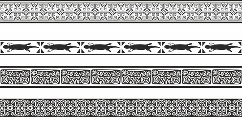 Vector monochrome set of seamless borders, native american frames. The endless pattern of the peoples of Central and South America, the Aztecs, the Maya, the Incas.