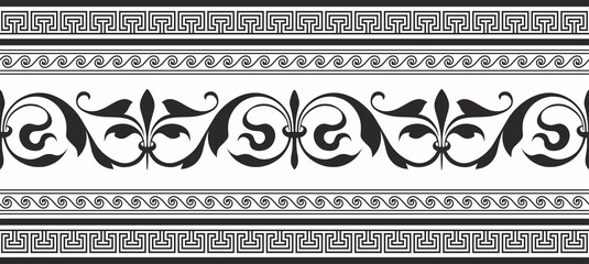 Vector monochrome classic European national ornament, border, frame, meander. Endless.Pattern of Ancient Greece, Roman Empire. - obrazy, fototapety, plakaty