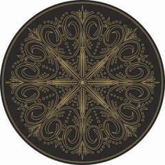 Vector round golden classic ornament. A circle with a europe gold pattern on the black background. Ceiling decoration, ancient Rome, Greece.