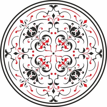 Vector round classic European ornament, red with black. Floral pattern in a circle. Antiquity of ancient greece and the roman empire.